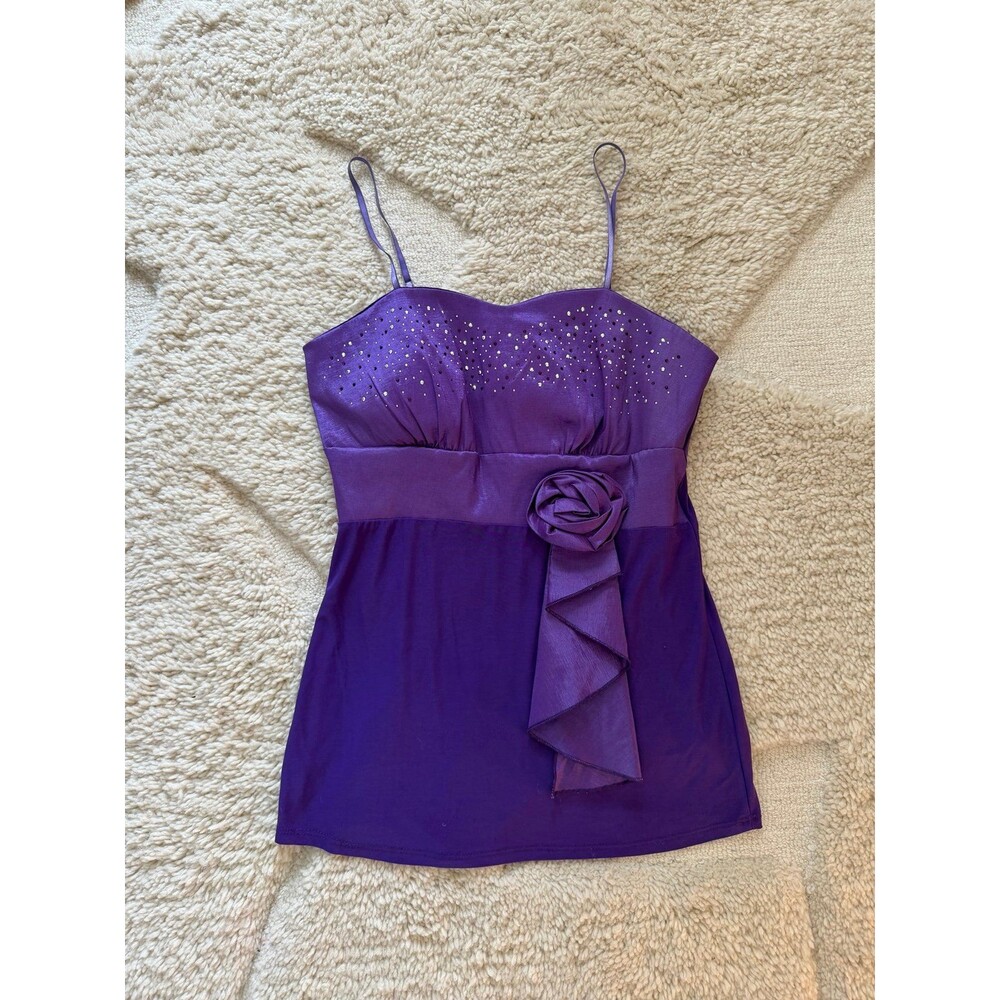 Vtg Y2K Solar USA Purple Satin Rhinestone Rosette Cami L